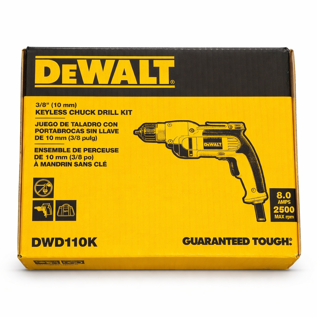 DEWALT DWD110K 3/8 in. Keyless Chuck Drill Kit – 8 Amp Corded Drill